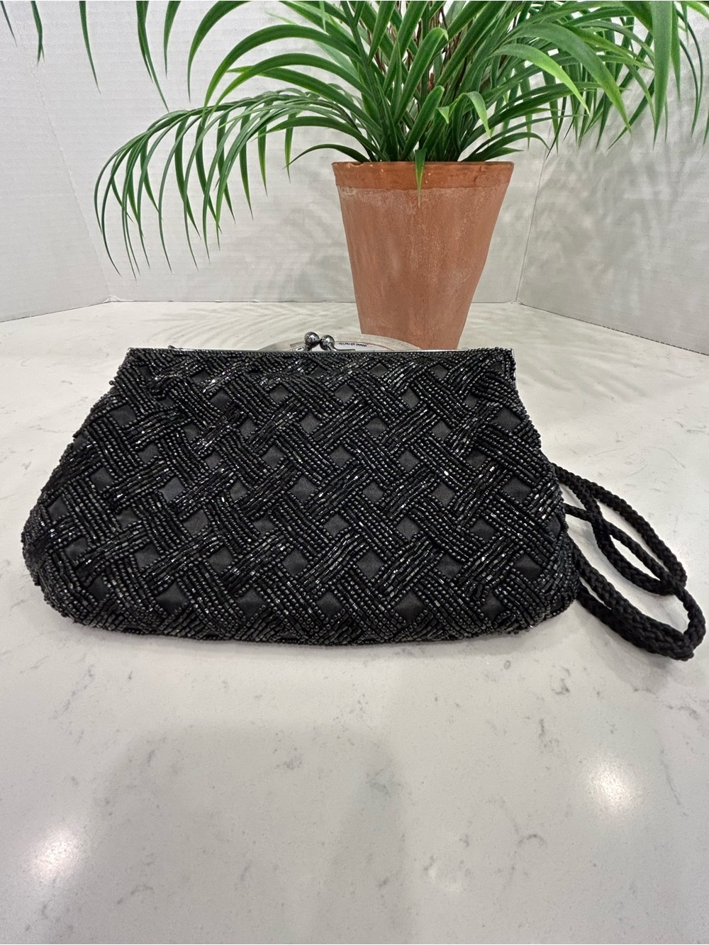 Lancome Black Beaded Clutch with Shoulder Strap
